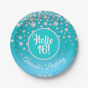 16th birthday party diamonds teal blue glitter paper plates