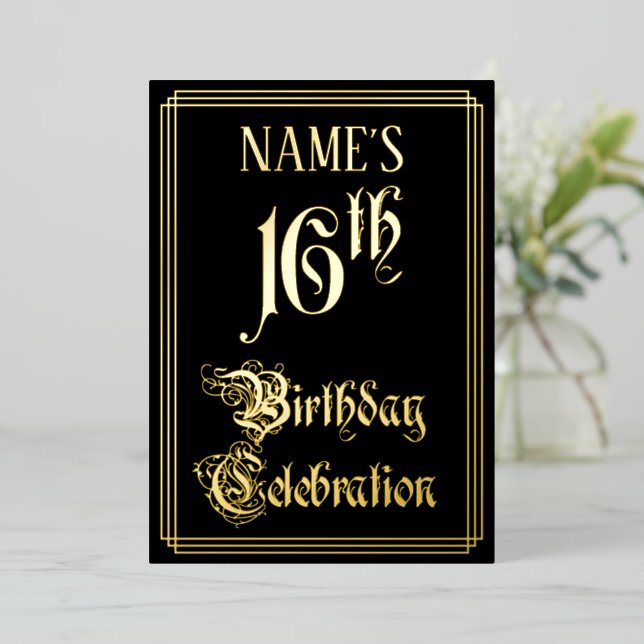 16th Birthday Party — Fancy Script & Custom Name Foil Invitation (Standing Front)