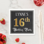 [ Thumbnail: 16th Birthday Party — Fancy Script, Faux Gold Look Napkins ]