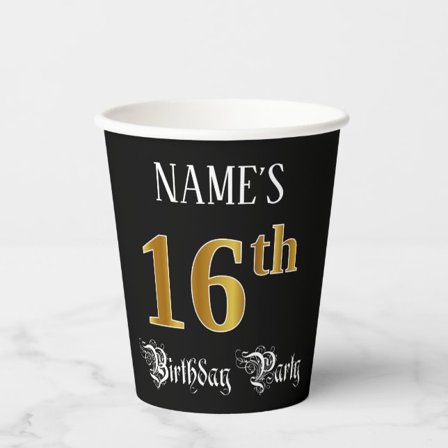 16th Birthday Party — Fancy Script, Faux Gold Look Paper Cups (Front)