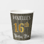 [ Thumbnail: 16th Birthday Party — Faux Gold & Faux Wood Looks Paper Cups ]