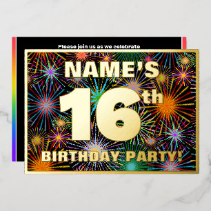 16th Birthday Party — Fun, Colorful Fireworks Look Foil Invitation