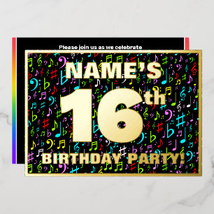 16th Birthday Party — Fun, Colorful Music Symbols Foil Invitation
