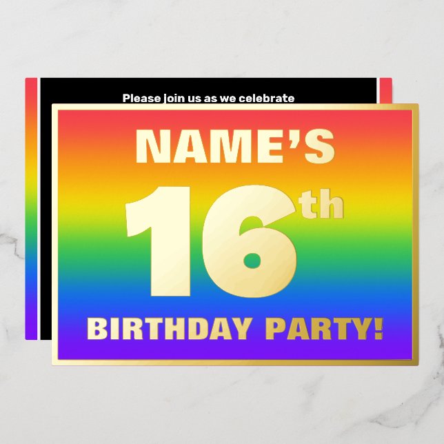 16th Birthday Party: Fun, Colorful Rainbow Pattern Foil Invitation (Front/Back)