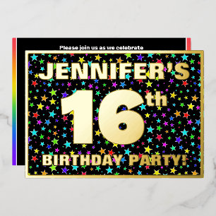 16th Birthday Party — Fun, Colorful Stars Pattern Foil Invitation