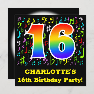 16th Birthday Party: Fun Music Symbols, Rainbow 16 Invitation