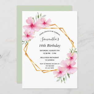 16th birthday party geometric pink flowers gold invitation