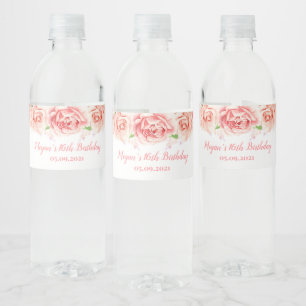 16th Birthday Party Gold Pink Flowers Water Bottle Label
