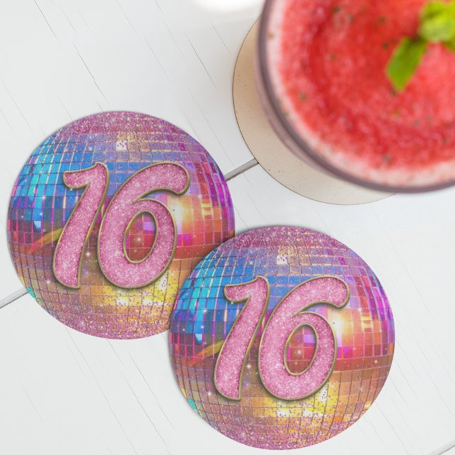 16th Birthday Party Gold Pink Glitter Disco Ball Round Paper Coaster (Creator Uploaded)