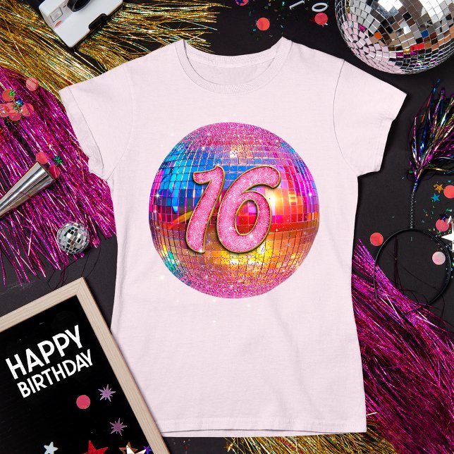 16th Birthday Party Gold Pink Glitter Disco Ball T-Shirt (Creator Uploaded)