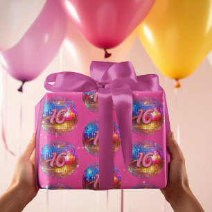 16th Birthday Party Gold Pink Glitter Disco Ball Wrapping Paper