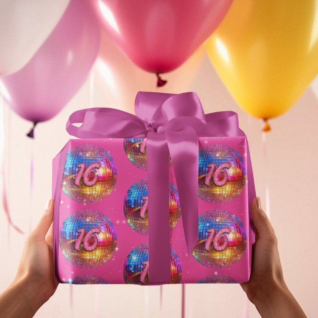 16th Birthday Party Gold Pink Glitter Disco Ball Wrapping Paper (Creator Uploaded)