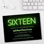 16th Birthday Party Green Neon Lights Invitation<br><div class="desc">Cool modern 16th birthday party invitation with "sixteen" in green glowing neon lights against a black background.</div>