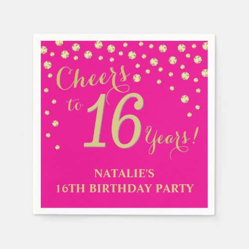 16th Birthday Party Hot Pink and Gold Diamond Napkins