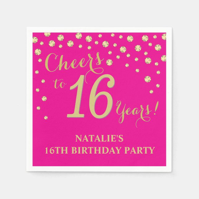 16th Birthday Party Hot Pink and Gold Diamond Napkins (Front)