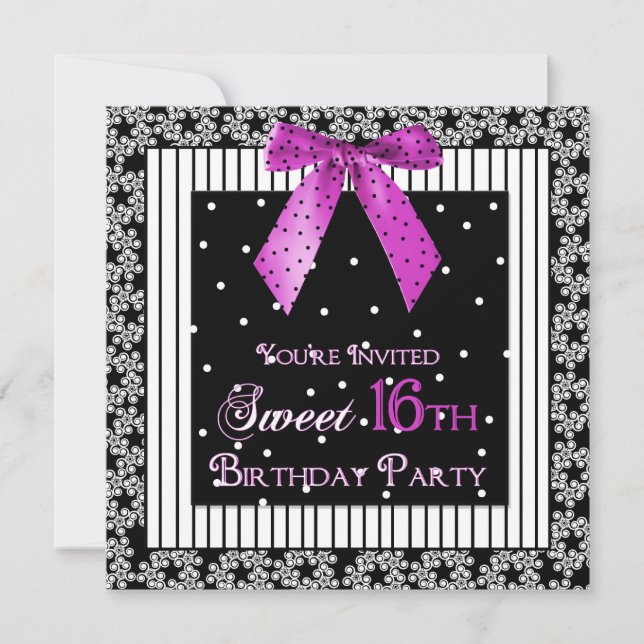 16th BIRTHDAY PARTY INVITATION, Black/Fuchsia/Bow Invitation (Front)