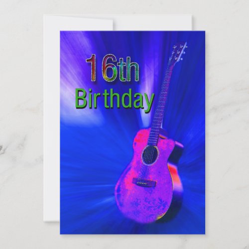 16TH Birthday Party Invitation Guitar Neon Color Invitation