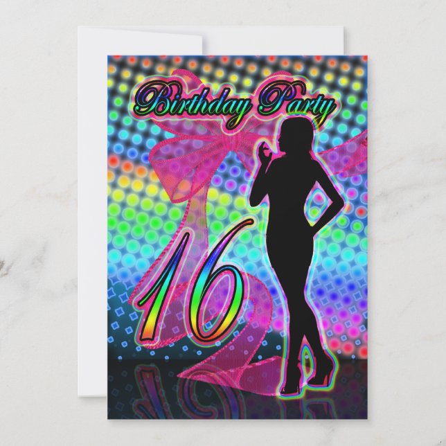 16th Birthday Party Invitation, Neon With Female S Invitation (Front)