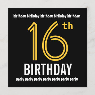 16th Birthday Party Modern Gold and Black Invitation