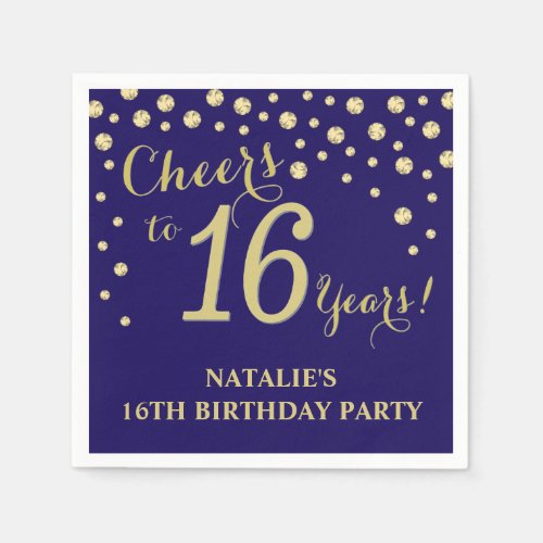 16th Birthday Party Navu Blue and Gold Diamond Napkins
