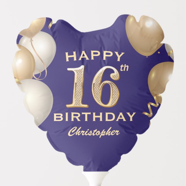 16th Birthday Party Navy Blue and Gold Balloons (Front)