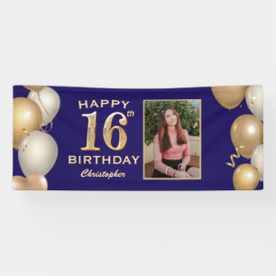 16th Birthday Party Navy Blue and Gold Balloons Banner