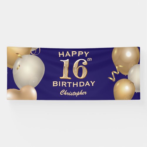 16th Birthday Party Navy Blue and Gold Balloons Banner