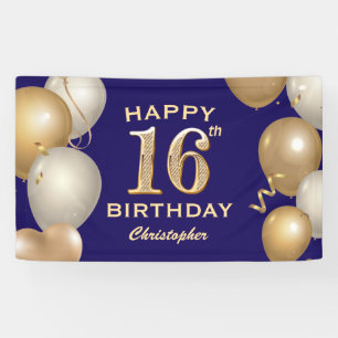 16th Birthday Party Navy Blue and Gold Balloons Banner