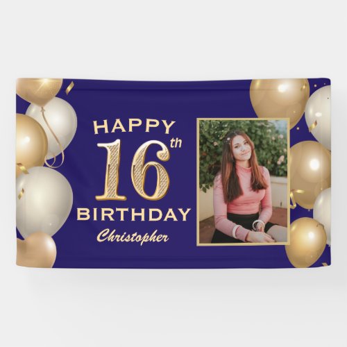 16th Birthday Party Navy Blue and Gold Balloons Banner