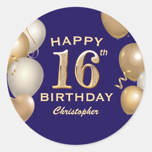 16th Birthday Party Navy Blue and Gold Balloons Classic Round Sticker