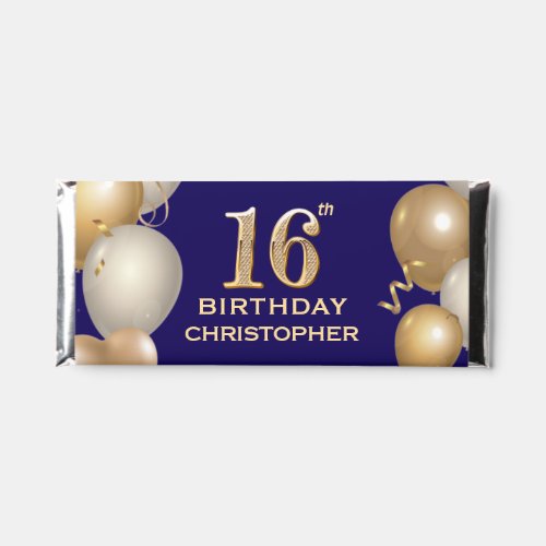 16th Birthday Party Navy Blue and Gold Balloons Hershey Bar Favors