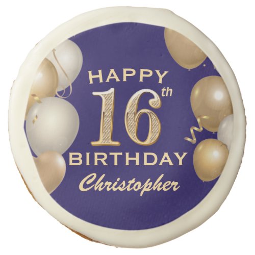 16th Birthday Party Navy Blue and Gold Balloons Sugar Cookie
