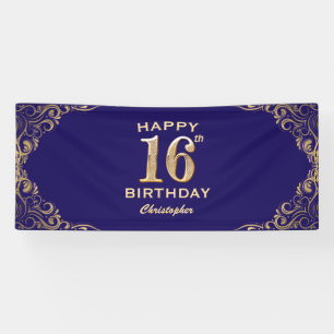 16th Birthday Party Navy Blue and Gold Glitter Banner