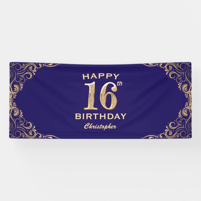 16th Birthday Party Navy Blue and Gold Glitter Banner (Horizontal)