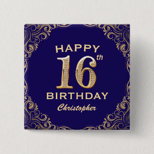 16th Birthday Party Navy Blue and Gold Glitter Button
