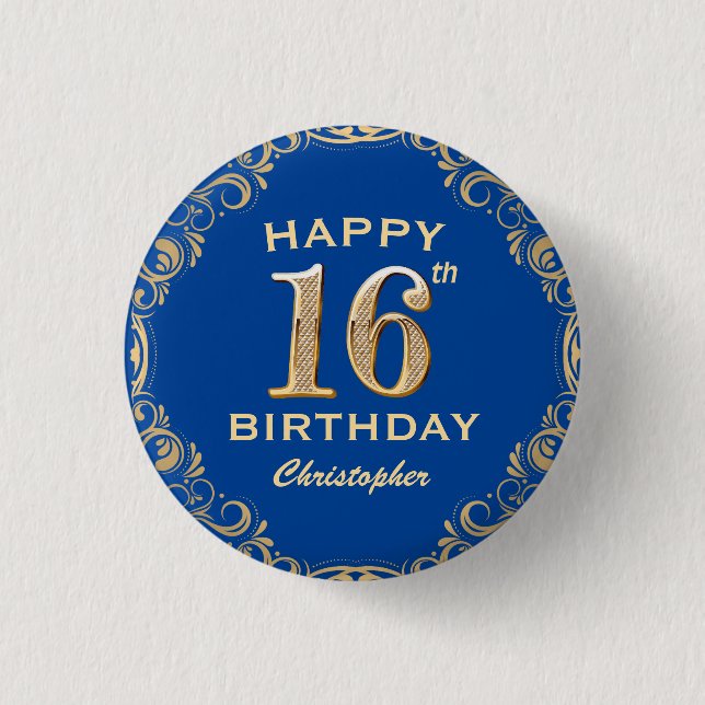 16th Birthday Party Navy Blue and Gold Glitter Button (Front)