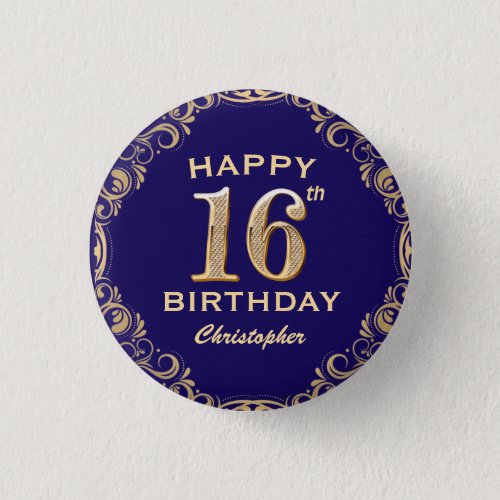 16th Birthday Party Navy Blue and Gold Glitter Button