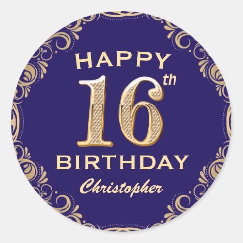 16th Birthday Party Navy Blue and Gold Glitter Classic Round Sticker