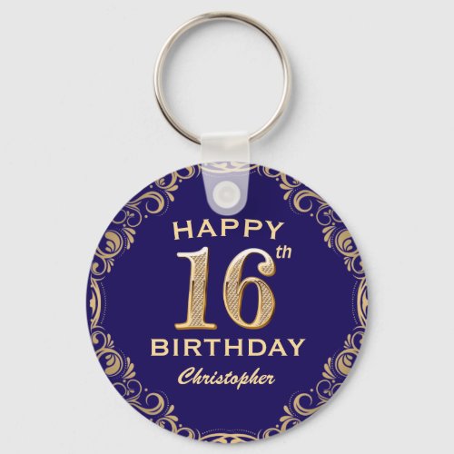 16th Birthday Party Navy Blue and Gold Glitter Keychain