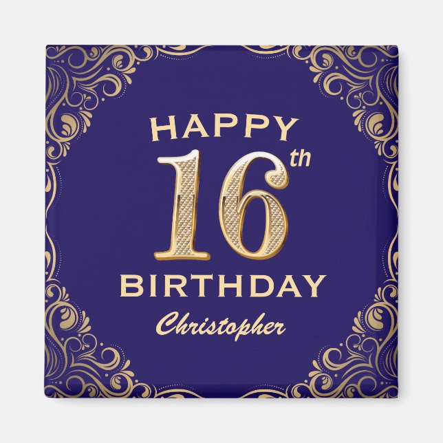 16th Birthday Party Navy Blue and Gold Glitter Magnet (Front)