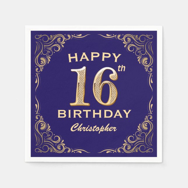 16th Birthday Party Navy Blue and Gold Glitter Napkins (Front)