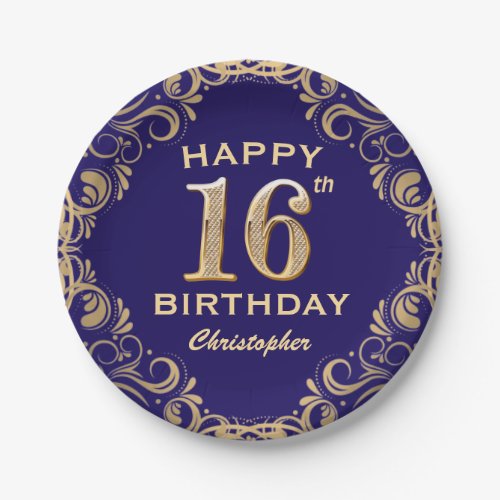 16th Birthday Party Navy Blue and Gold Glitter Paper Plates