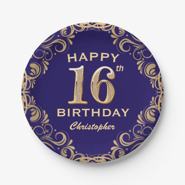 16th Birthday Party Navy Blue and Gold Glitter Paper Plates (Front)