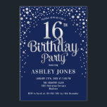 16th Birthday Party - Navy & Silver Invitation<br><div class="desc">16th Birthday Party Invitation.
Elegant design in dark navy blue and faux glitter silver. Features stylish script font and confetti. Message me if you need custom age.</div>
