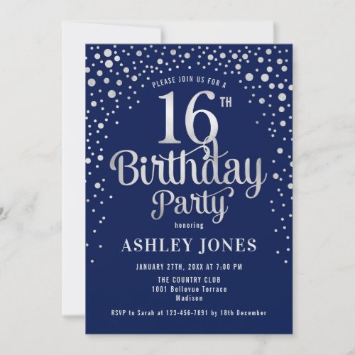 16th Birthday Party _ Navy  Silver Invitation