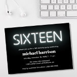 16th Birthday Party Neon Lights Invitation<br><div class="desc">Cool modern 16th birthday party invitation with "sixteen" in white glowing neon lights against a black background.</div>