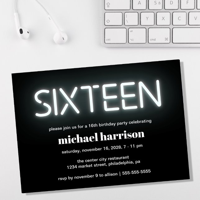 16th Birthday Party Neon Lights Invitation (Creator Uploaded)