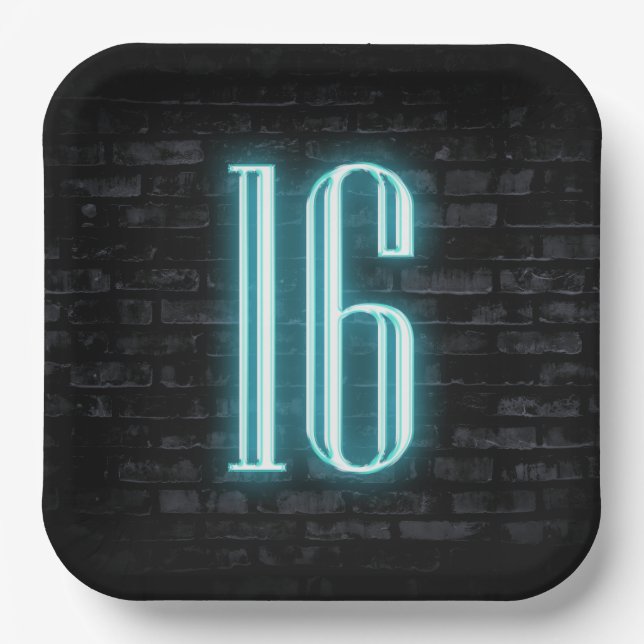 16th Birthday Party Neon Sign on Brick  Paper Plates (Front)