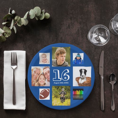 16th birthday party photo collage blue boy paper plates