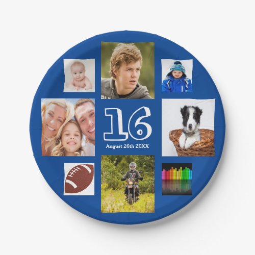 16th birthday party photo collage blue boy paper plates
